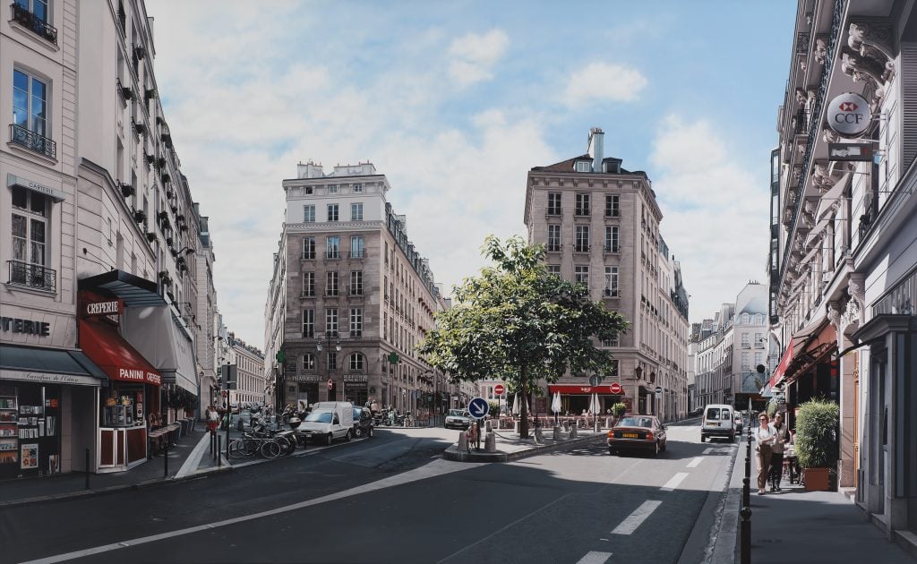 Photorealistic painting by Bertrand Meniel of an intersection in Paris.