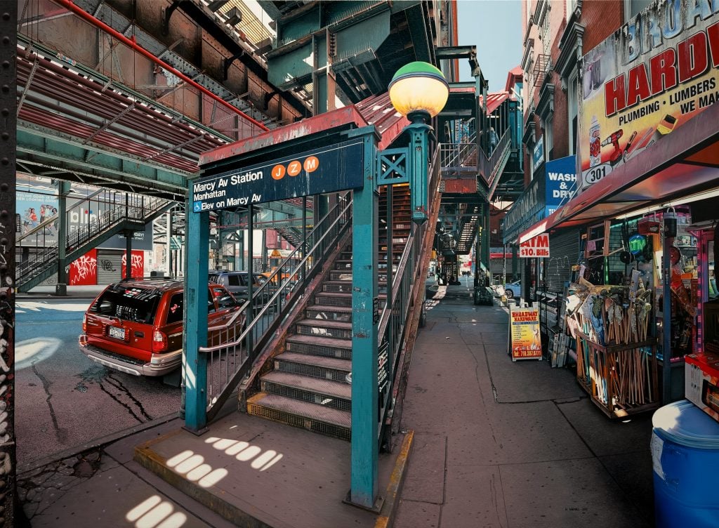 Acrylic hyper-photorealistic painting by Bertrand Meniel showing the entrance stairs up to the Marcy Avenue subway station in new york and surrounding sidewalk, shops, and cars on the road.