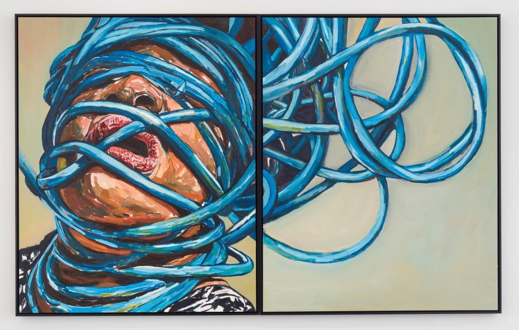 A diptych self-portrait painting by Beverly McIver showing the artist's head wrapped in blue cord covering her eyes and wrapping around her mouth neck and head.