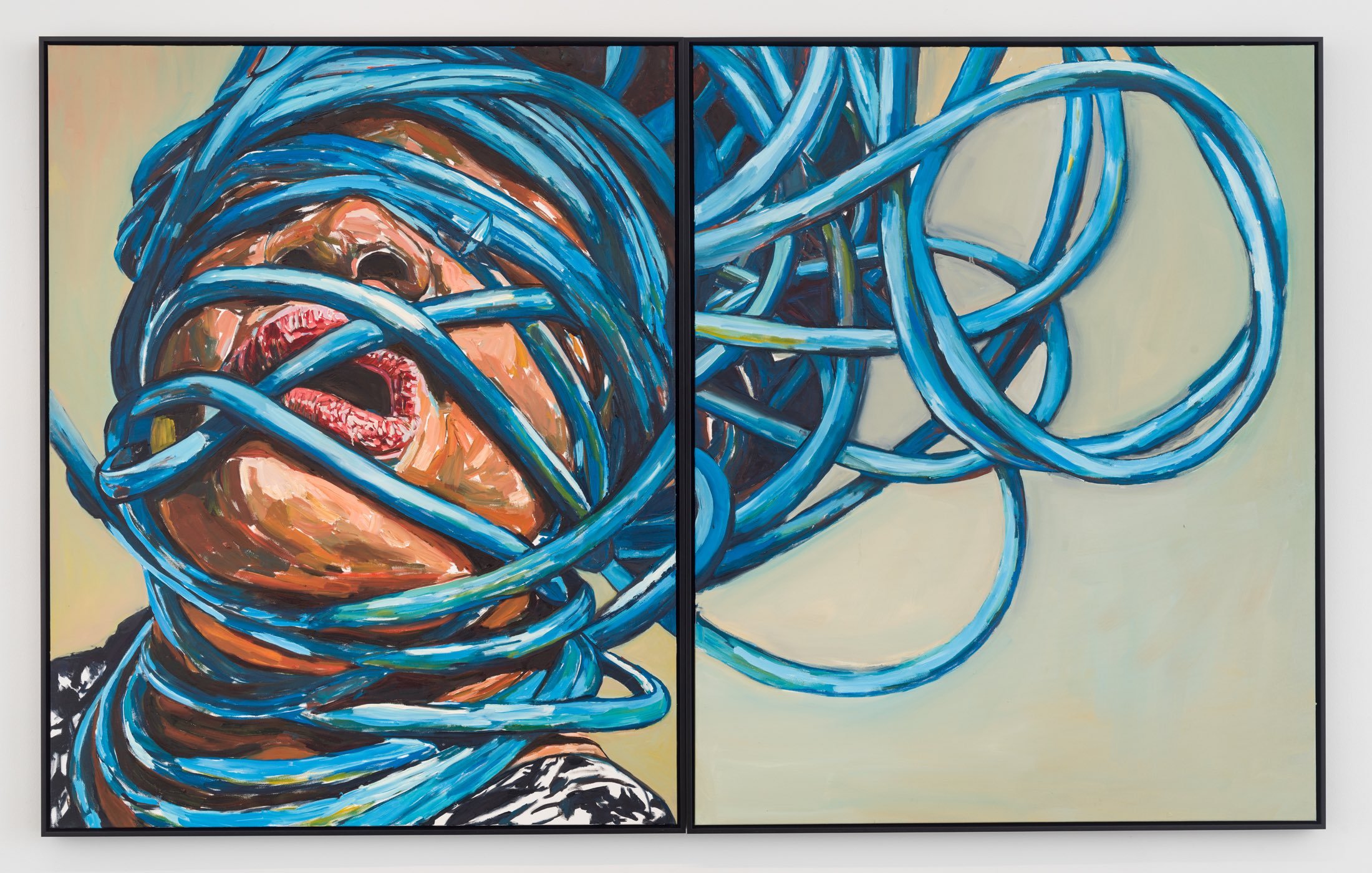 A diptych self-portrait painting by Beverly McIver showing the artist's head wrapped in blue cord covering her eyes and wrapping around her mouth neck and head.