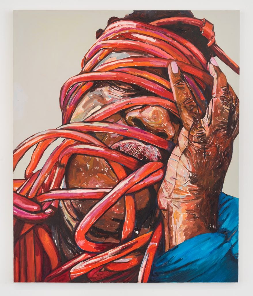 Head of a person wrapped repeatedly with red cord and their hand up over their face by Beverly McIver.