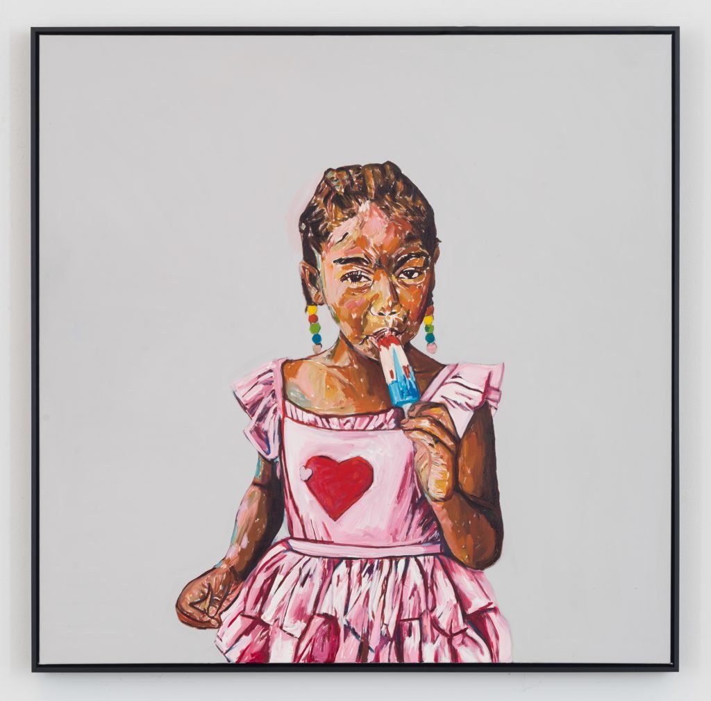 Beverly McIver painting showing a little girl in a pink dress with a red heart on the bodice eating a red white and blue popsicle against an off-white background.