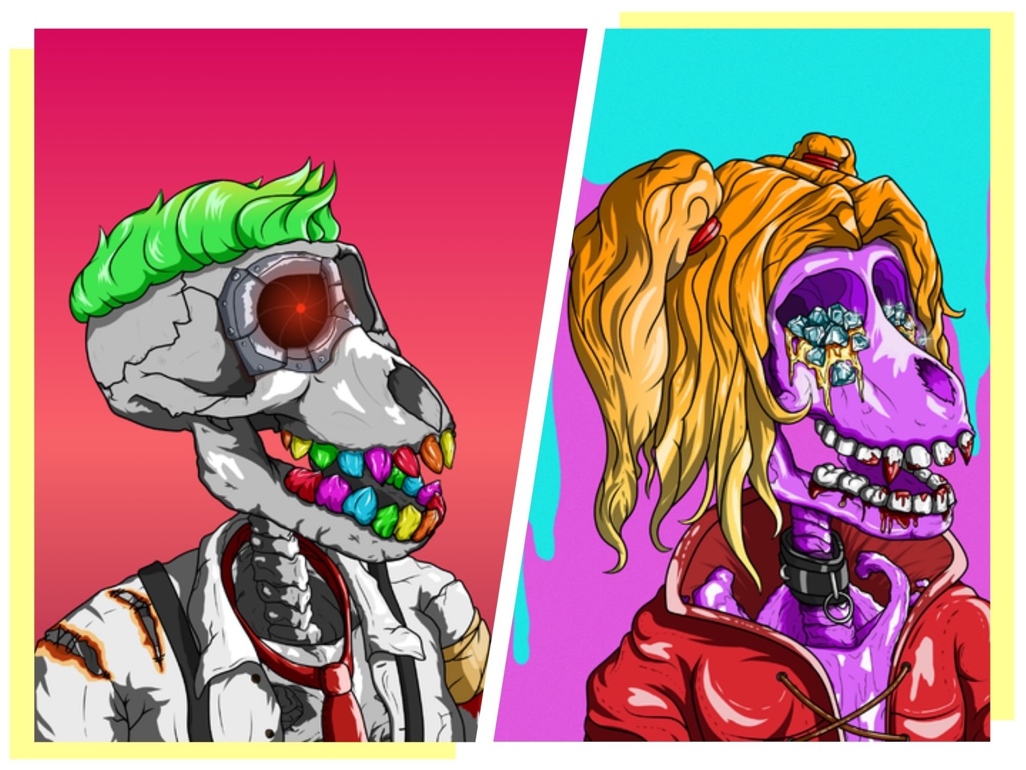 Undead Apes Collection: two colorful illustrations of zombie-style ape skulls dressed up and laughing, one is male and one female