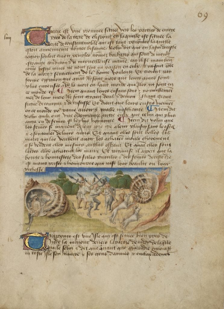 Illustrated medieval manuscript page depicting a fantastical scene with giant snails and soldiers, surrounded by text.