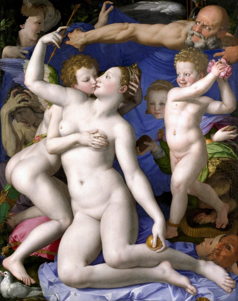 A detailed painting by Bronzino depicting Venus and Cupid surrounded by symbolic figures representing time and folly.