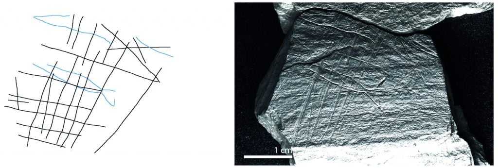 two images side by side, on the right is a black-and-white photo of a rock with some marks carved into it, on the left is a more simplified representation of what those carvings show, which is two minimally rendered fish-like forms against a grid-like pattern that could denote a net