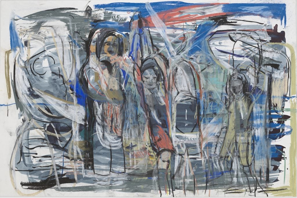 An abstract painting by Cecily Brown showing female forms emerging from a background of blue and black scrawls