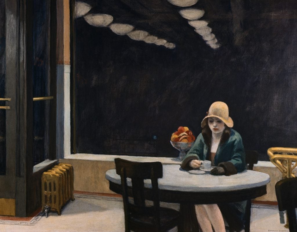 A painting of a woman drinking coffee alone in a restaurant