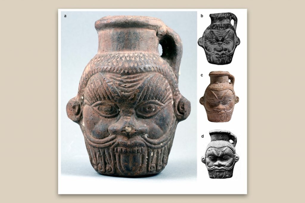 a) Drinking vessel in shape of Bes head from the El-Fayūm Oasis, Egypt, courtesy of the Tampa Museum of Art, Florida. b) Bes mug from the Ghalioungui collection. c) Bes mug from the Allard Pierson Museum, courtesy of the Allard Pierson Museum, Amsterdam, photo by Stephan van der Linden. d) Bes mug from El-Fayum.