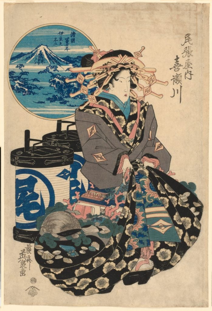 japanese woodblock print of a woman with a pale face in a large patterned kimono against a blank background with a blue circle in the top left