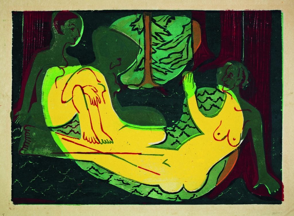 Ernst Ludwig Kirchner work of two abstracted womens forms lounging in the forest wth bright swathes alluding to light breaking through the tree canopy.