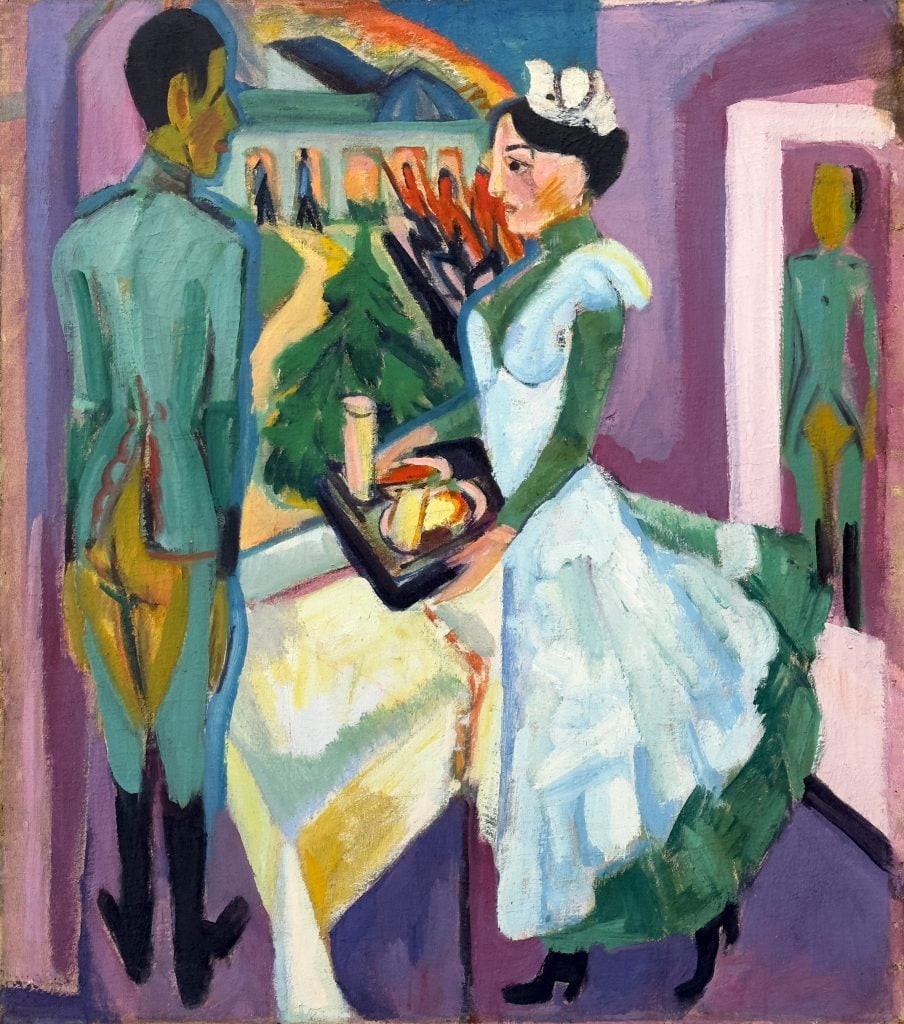 Painting by Ernst Ludwig Kirchner of a maid in uniform facing a gentleman in uniform, and out the open door a country landscape.