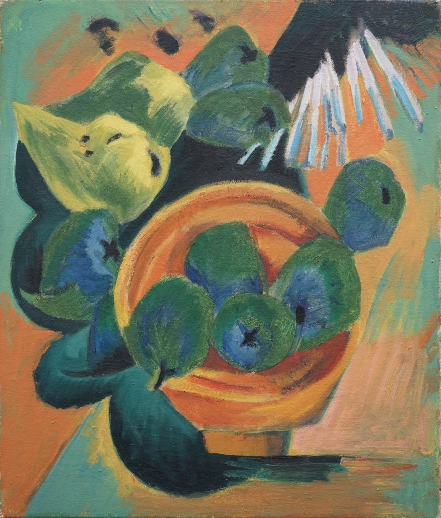 A semi-abstract painting of a wooden bowl with a pear and several quince fruits by Ernst Ludwig Kirchner.