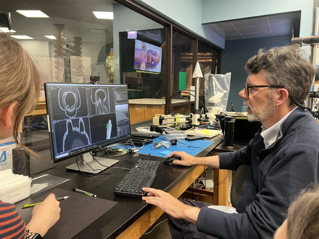 A man and a woman sitting at a desk looking at a screen showing scans of a human body