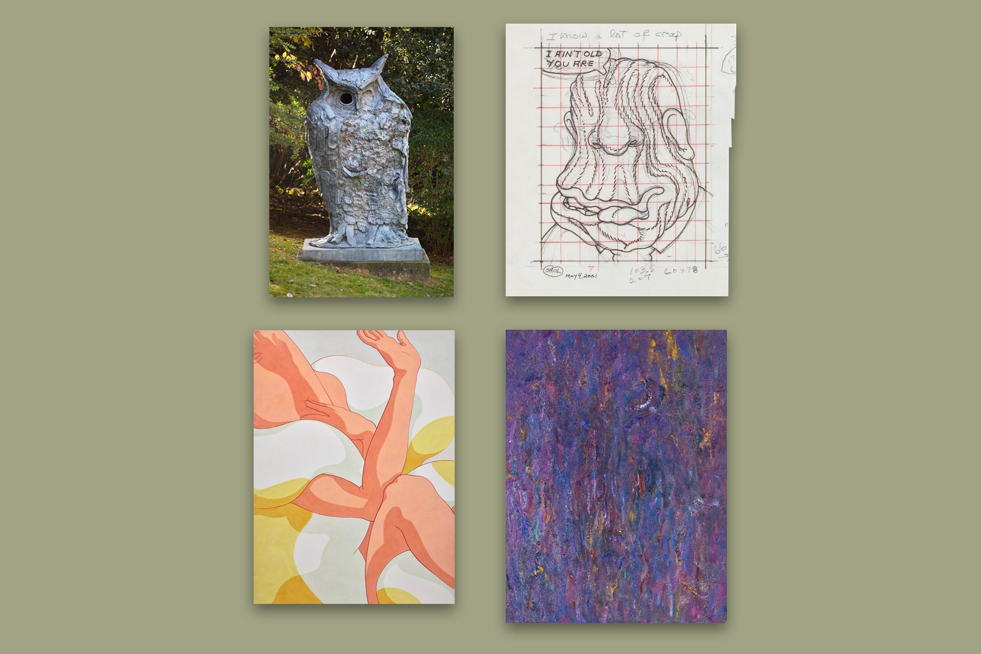 Clockwise from left: Thomas Houseago, Standing Owl I (2012); Peter Saul, Study for Prune Head (2001); Pat Passlof, Braid (1959); Ivy Haldeman, Colussus, Knee to Elbow, Wrist Bent, Four Fingers Edge Out (2018); Photo: Courtesy Phillips (3) Courtesy of Christie's (1)