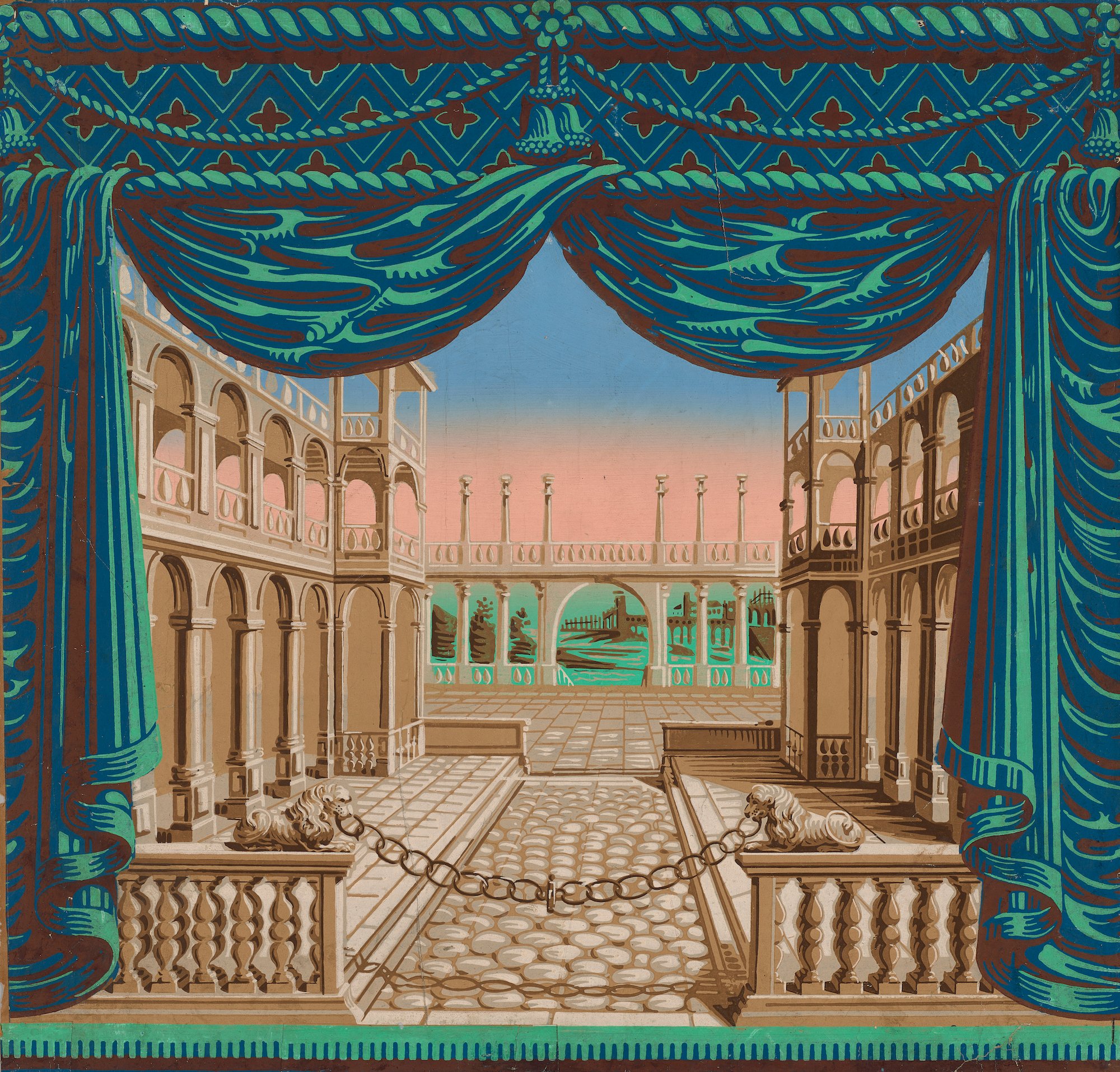 A teal curtain opened up to revel a theatrical image of a courtyard.