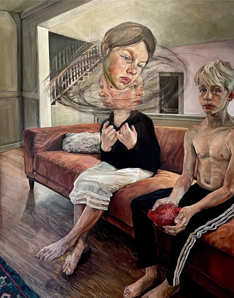 Painting of two people sitting next to each other on a sofa, on the right a shirtless young blond boy and the left a woman whose head is showing in many different perspectives, by Ali Warren presented by Galleri Ramfjord at Scope Art Show Miami Beach.