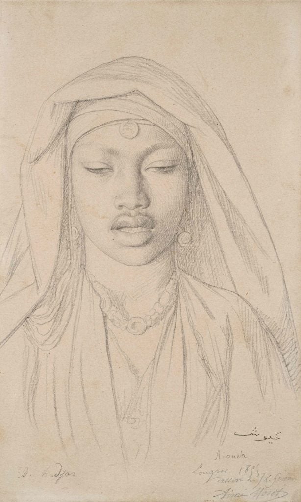 Pencil on yellowed paper drawing of a whoman wearing a headpiece by French artist Jean-Léon Gérôme.