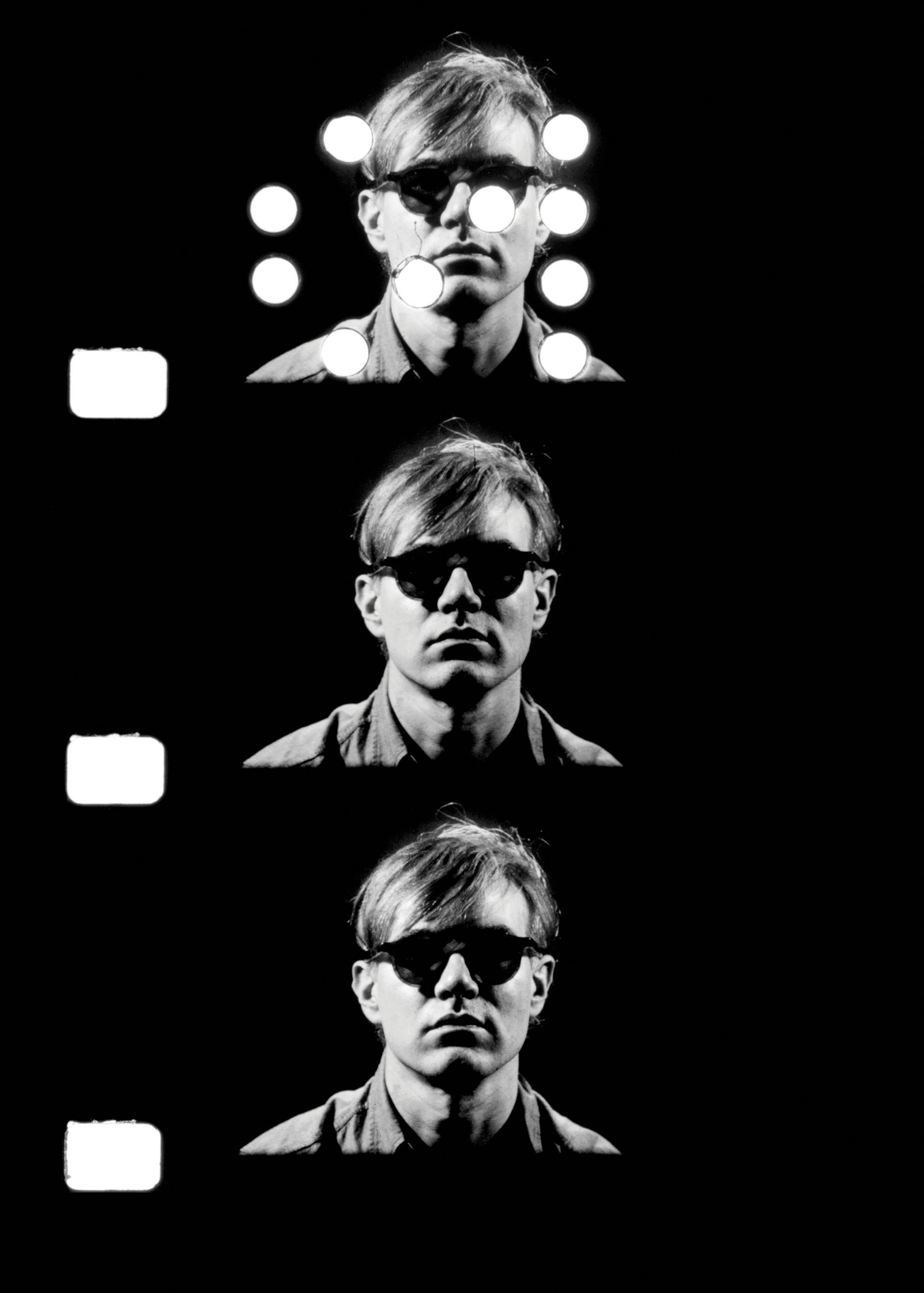 Three film cells showing Andy Warhol in dark sunglasses