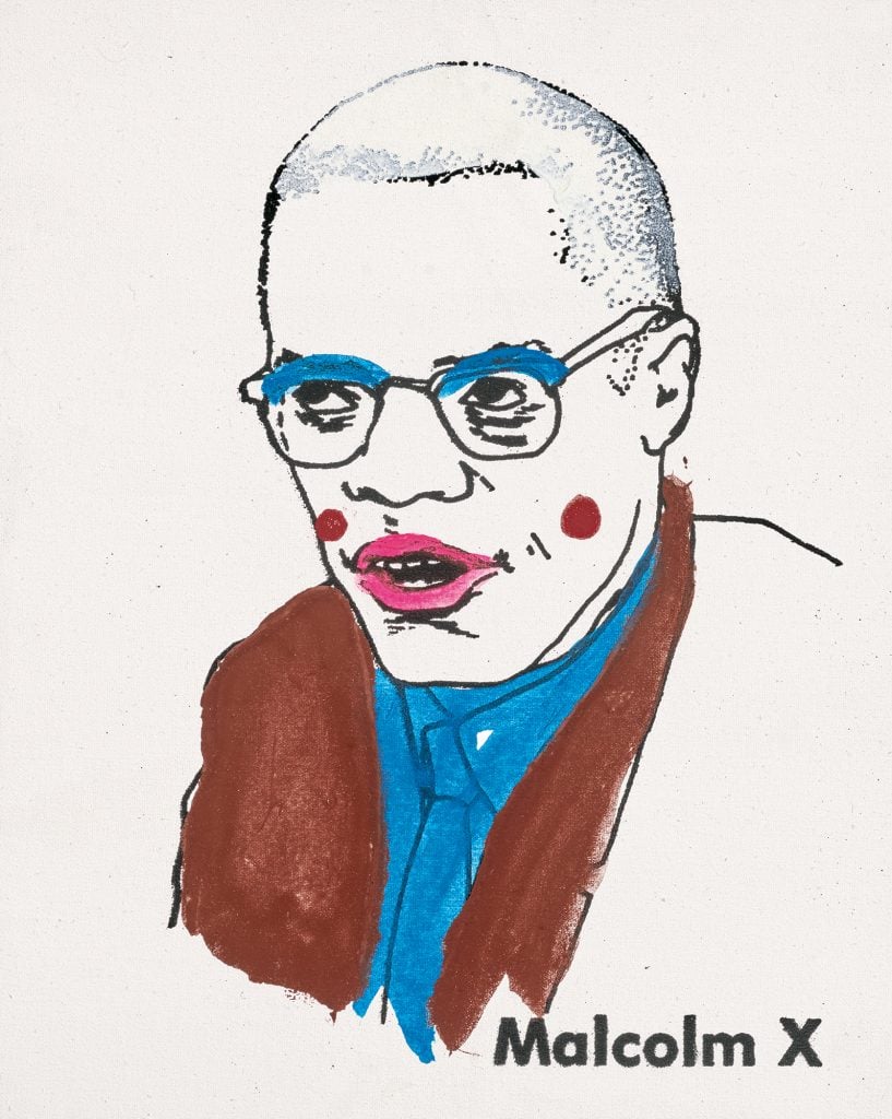 An outline drawing of Malcolm X with a childs coloring overlain, by Glenn Ligon featured in Cowley Abbott Sale Important Canadian and International Art Sale.