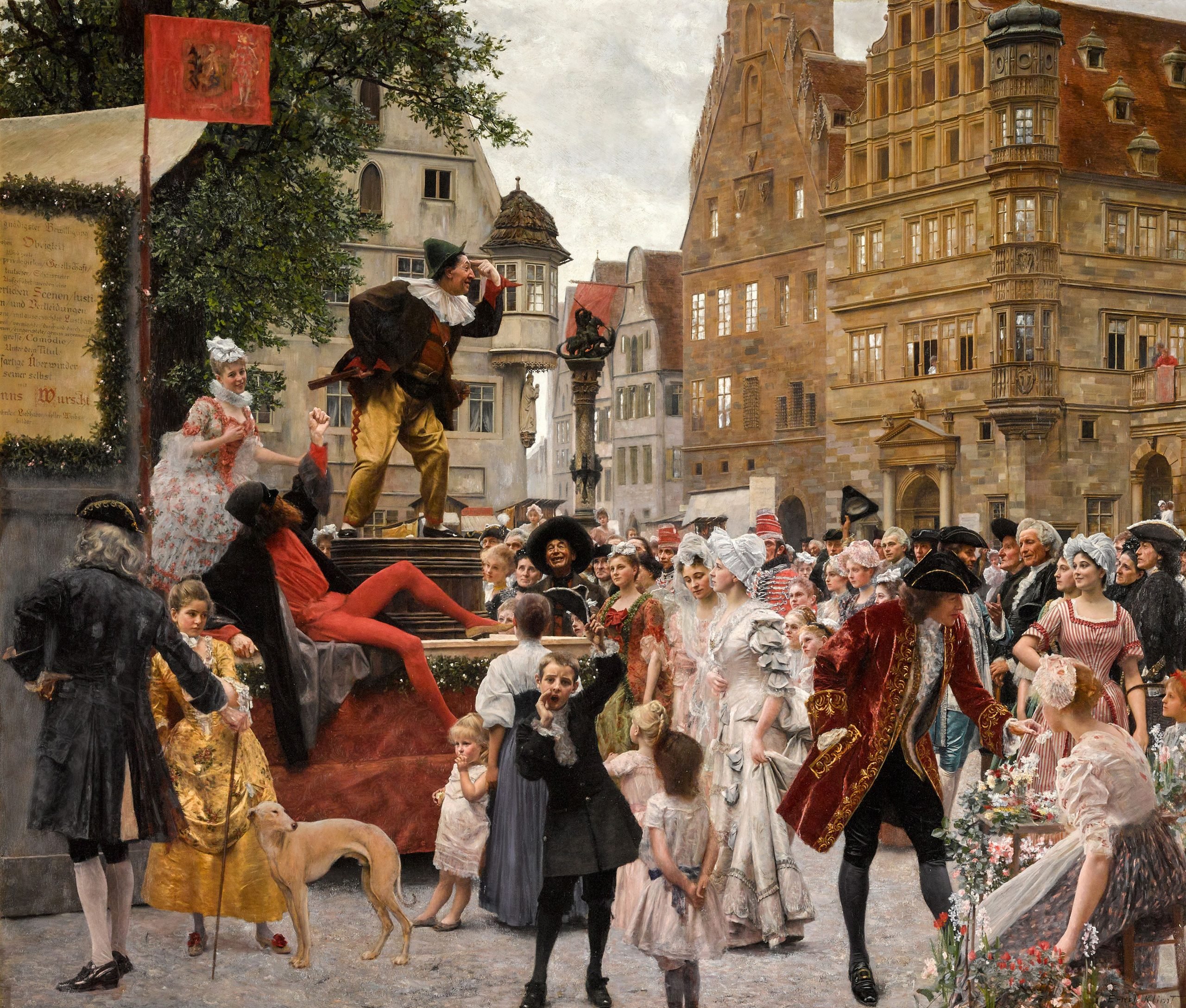 An image of a realist painting by Gustav and Ernst Klimt depicting a crowd gathered in a town square to watch a comedian give an impromptu performance.