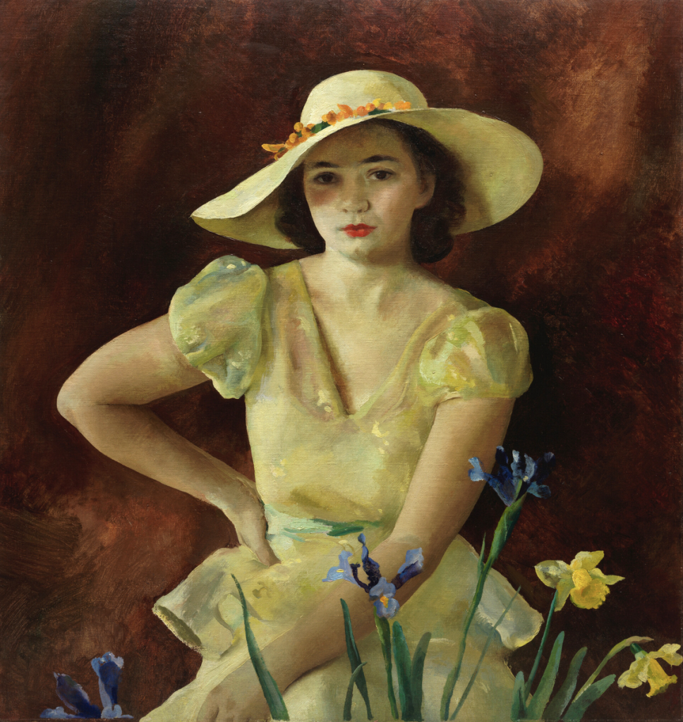 An image of an oil painting depicting a young girl in a short sleeved yellow dress and light tan hat before a deep reddish brown background.