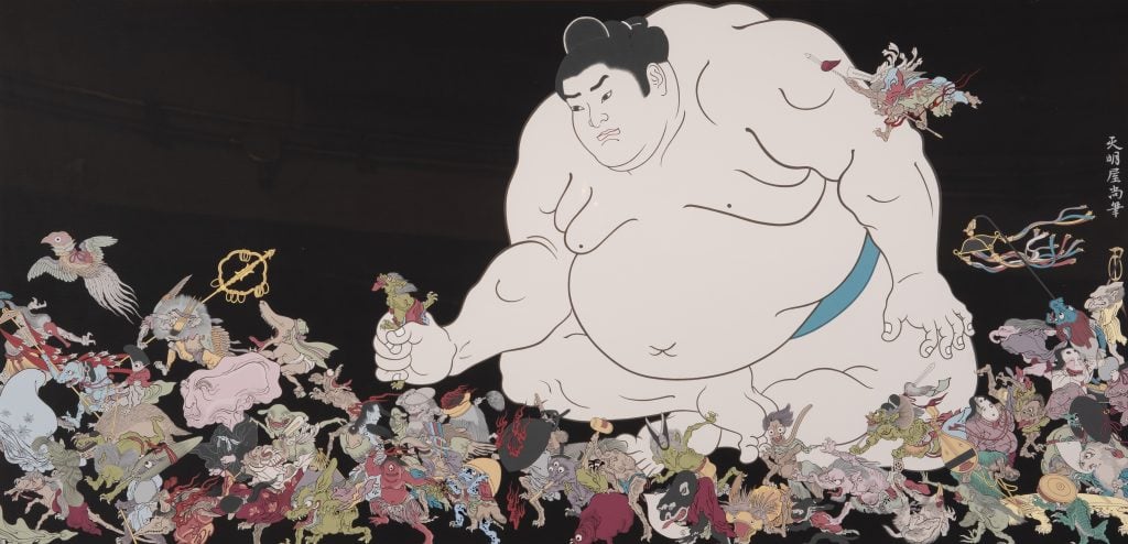 Acrylic on wood painting by Hisashi Tenmyouya of a large sumo wrestler against a black backdrop on a sea of minute figures.