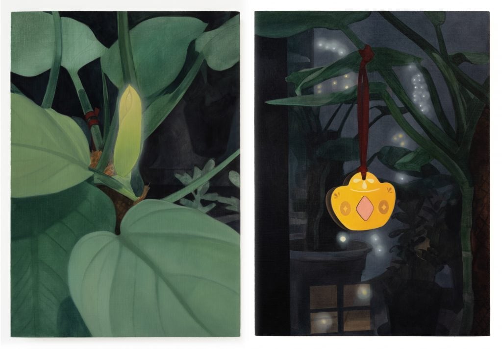 Artwork featured at Untitled Art as part of the theme East Meets West showing two side-by-side paintings one on the left with green leaves one on the right a gold medallion hanging against a darkened room.