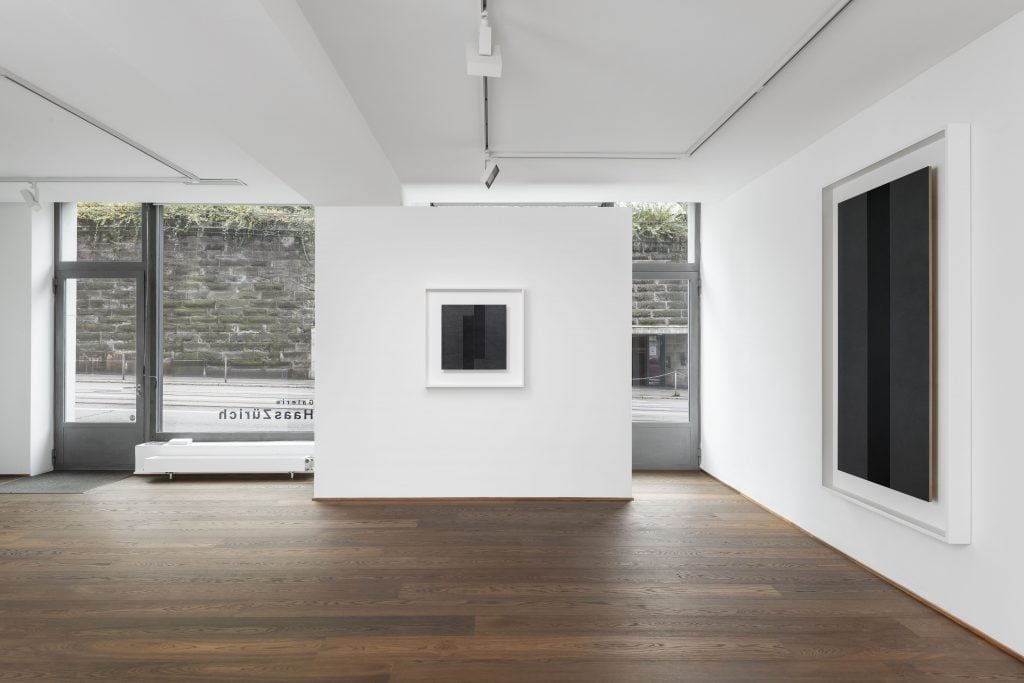 Installation view of "Frank Gerritz: Seraphic Light" showing the front wall of the gallery with windows out to the street.