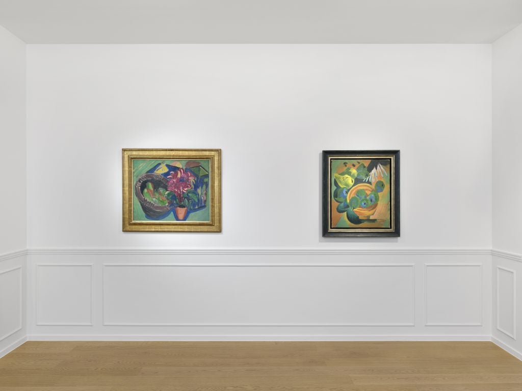 Installation view of solo show of work by Ernst Ludwig Kirchner at Bailly Gallery showing two paintings side by side on a white gallery wall.