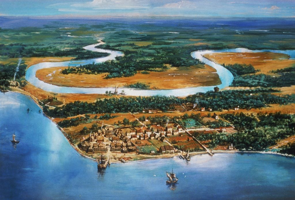 Painting of Jamestown as a small village surrounded by greenery and blue waters