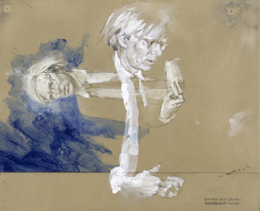 An image of two translucent portraits of Andy Wahol transposed perpendicularly atop each other on a tan background marked with a splotch of blue on its left side.