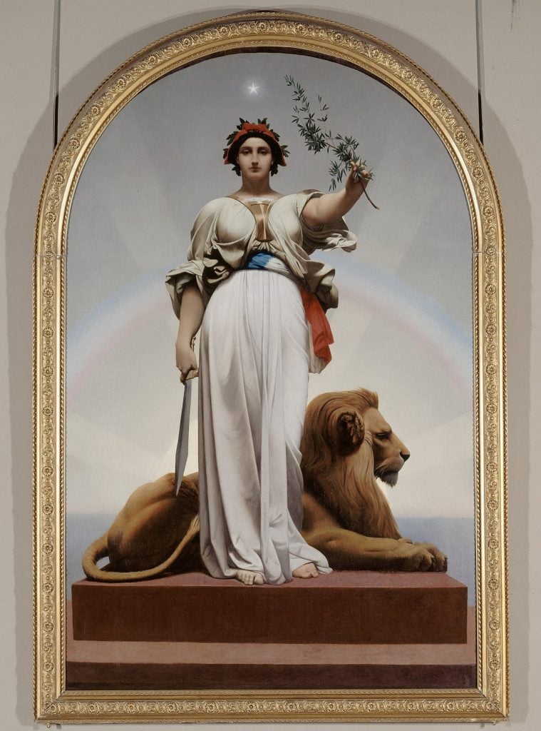 Painting by Jean-Léon Gérôme, known for pioneering Orientalism, of a personified Republic in a white gown in front of a lion holding out an olive branch.