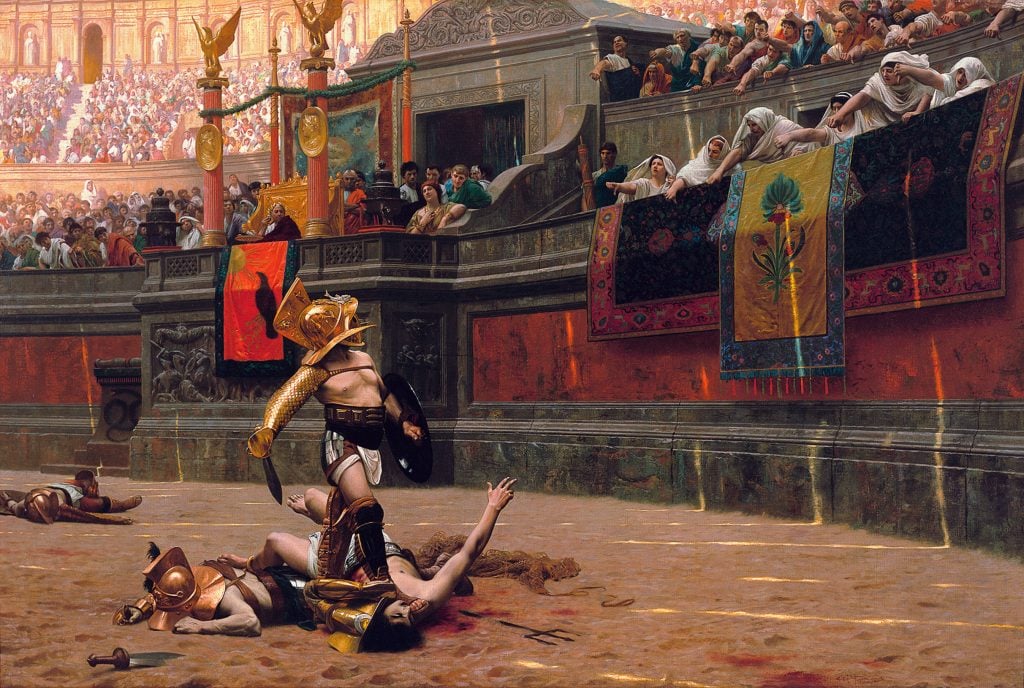 Painting by Jean-Léon Gérôme showing two gladiators, one supine on the ground another standing on top of him, looking to the colosseum crowd where a row of Vestals show thumbs down; the emperor is in a box in the background as well as thousands of additional spectators.