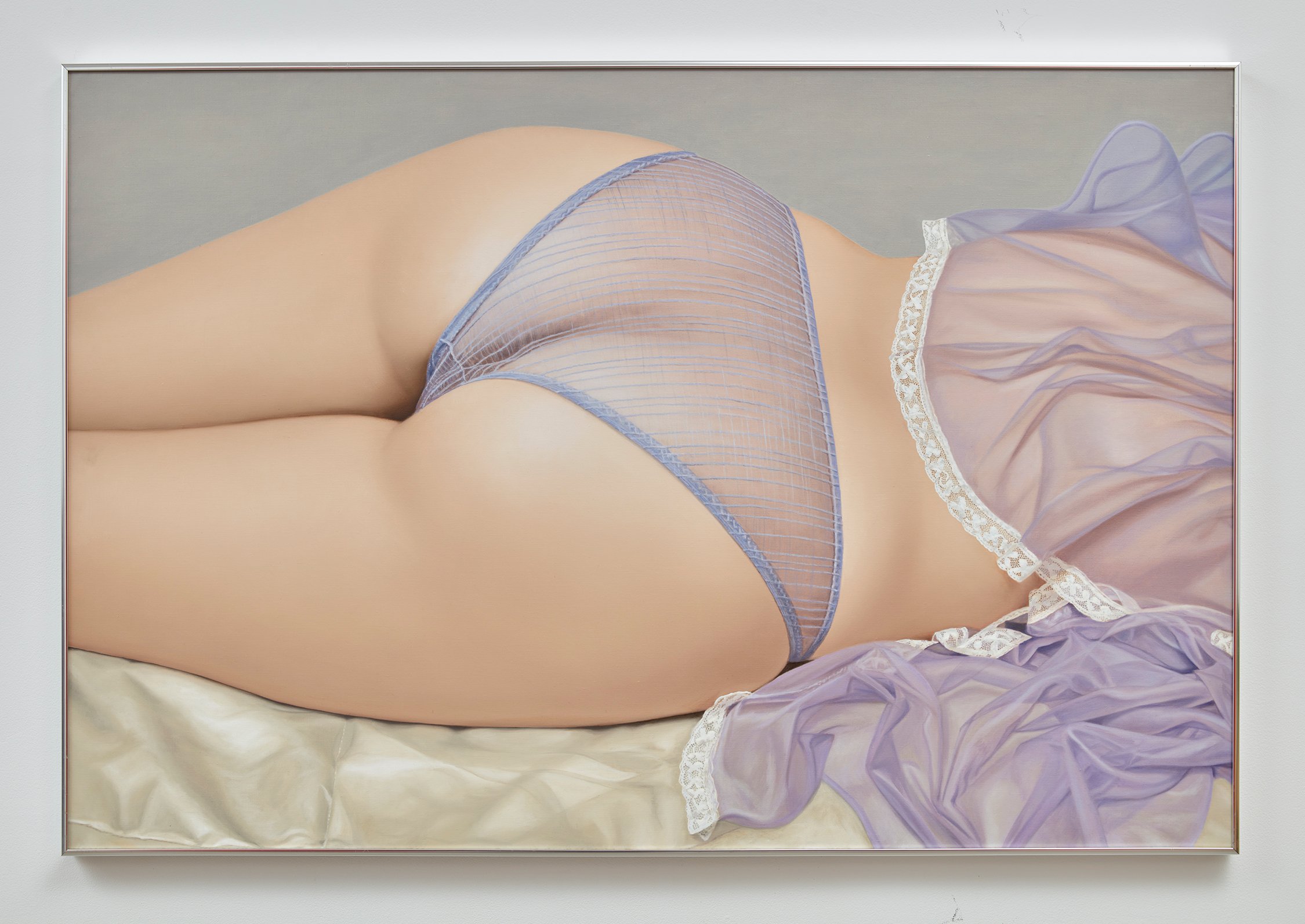 A photograph of a painting by John Kacere depicting the backside of a woman wearing see through lavendar panties and a loose, sheer lavendar top.