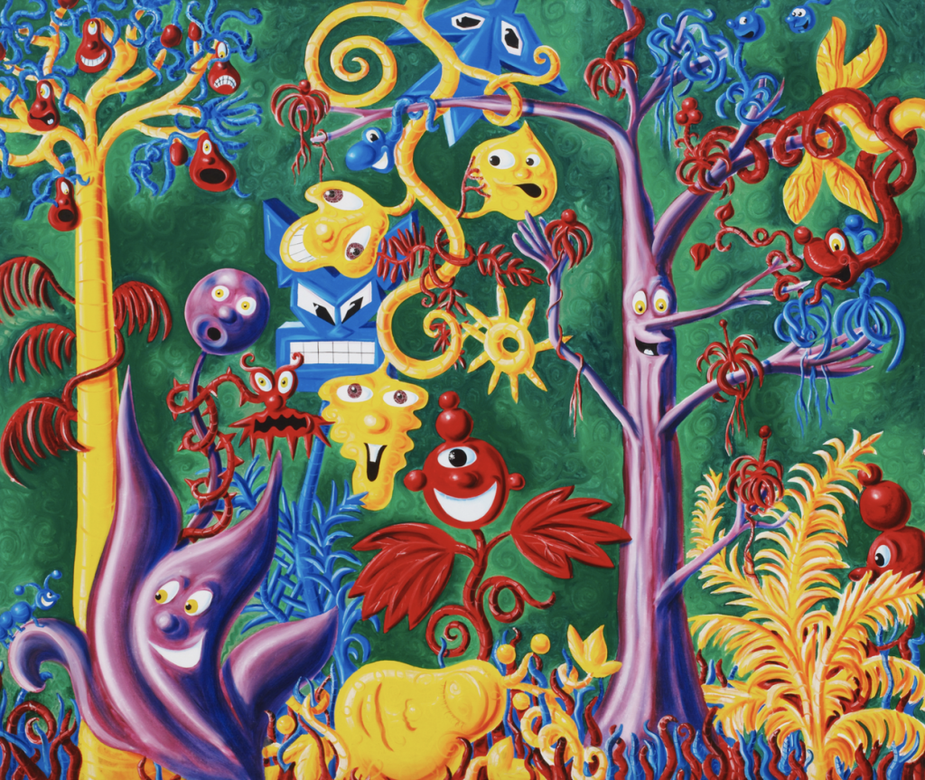 An image of the colorful Kenny Scharf painting depicting a colorful forest.