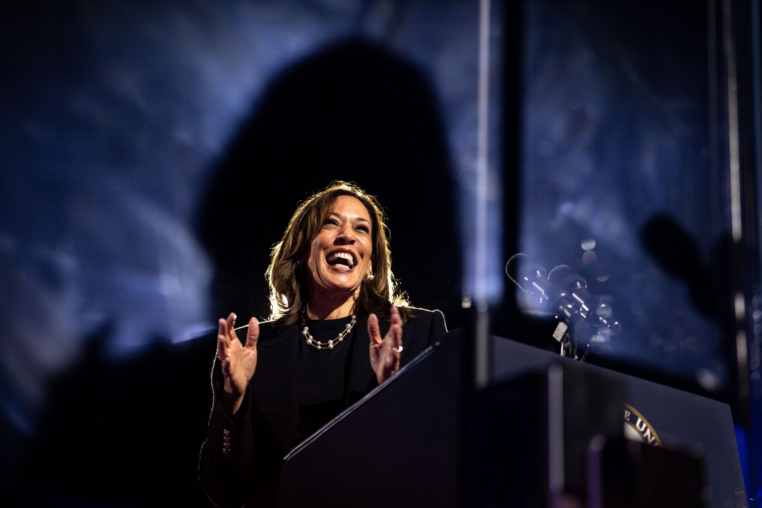 Vice President Kamala Harris Harris speaks during the closing rally of her campaign at base of the iconic "Rocky Steps" at the Philadelphia Museum of Art on November 05, 2024 in Philadelphia, Pennsylvania. She is illuminated against a dark sky, standing at a podium in a black suit with a necklace.