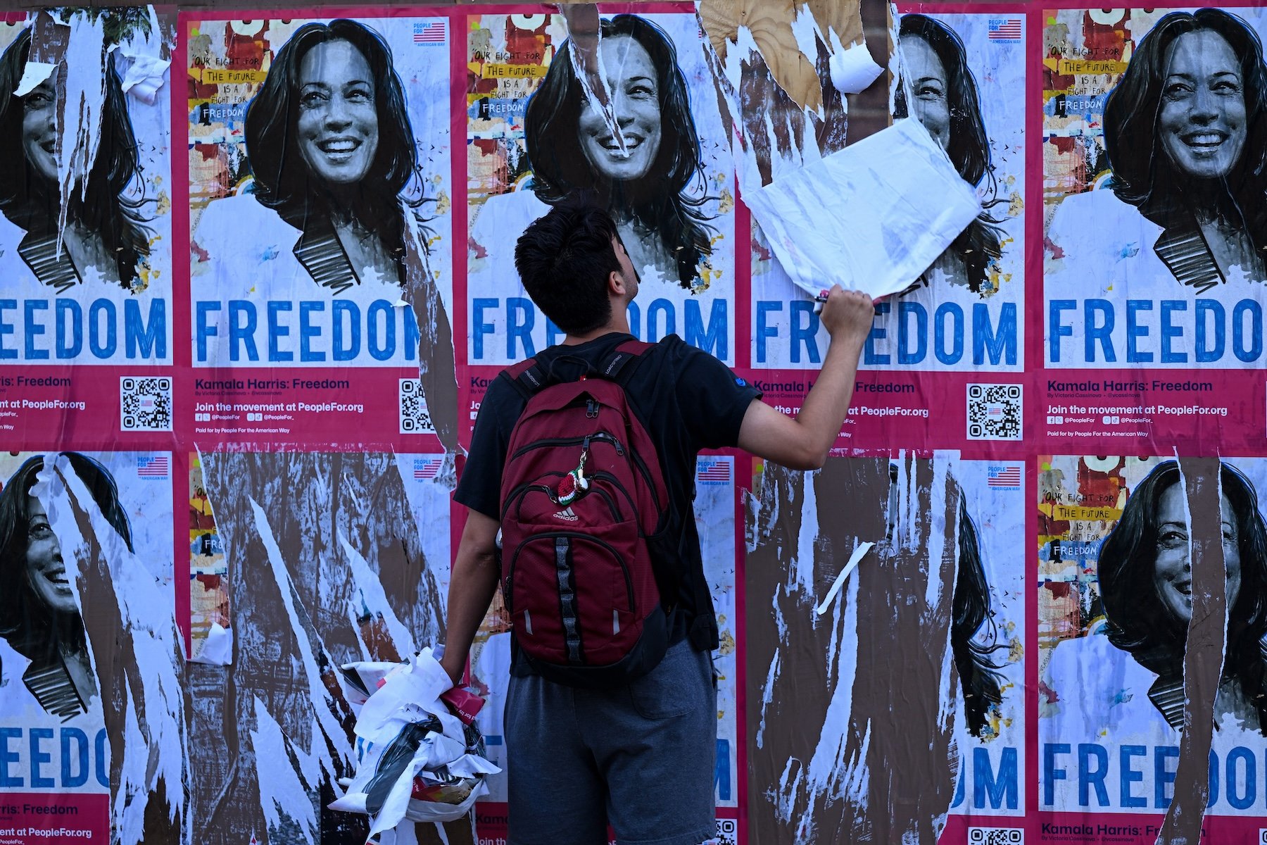 A man tears down a political poster that says FREEDOM