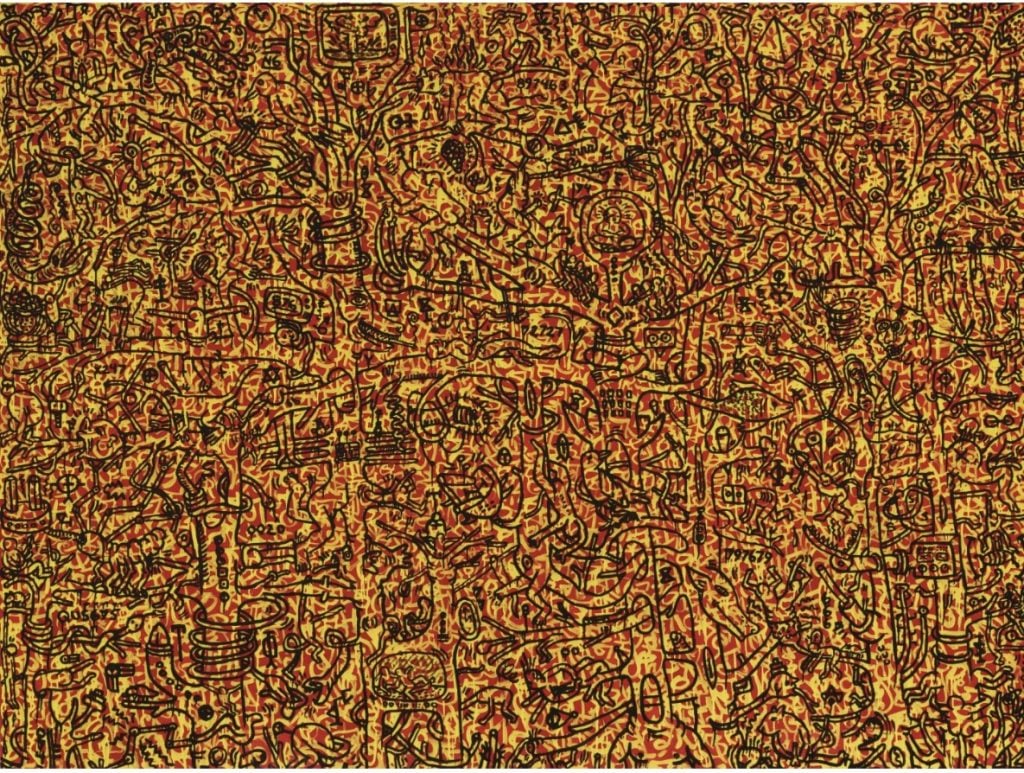 Total composition of minute overlapping doodles in black brown and ochre by Keith Haring.