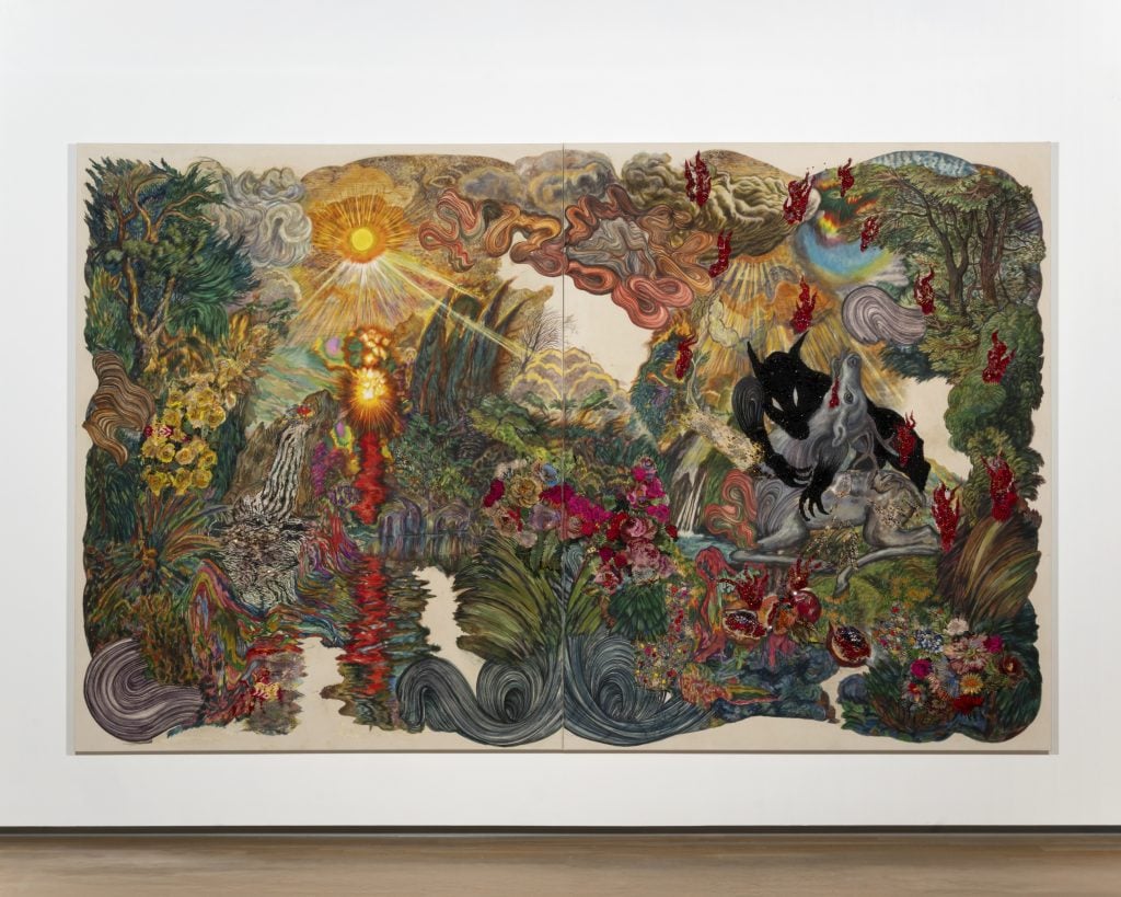 A richly detailed, lush landscape with a black creature attacking a deer at Art Basel Miami Beach