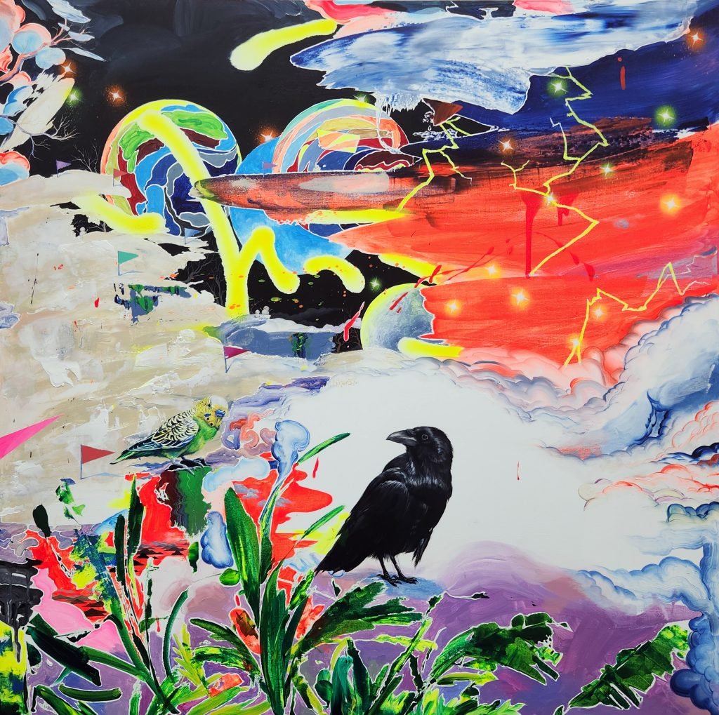 Artwork featured at Untitled Art as part of the theme East Meets West showing an abstract landscape with bright colors and in the foreground a black crow.