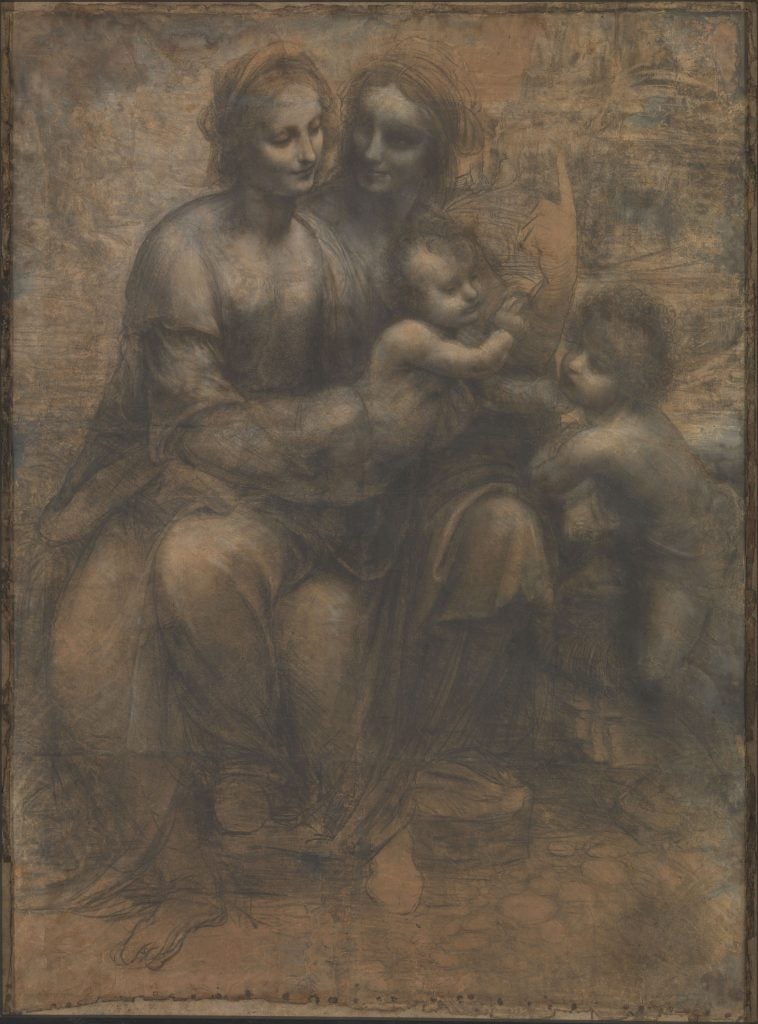 Dark brown drawing of a mother with two infant children.