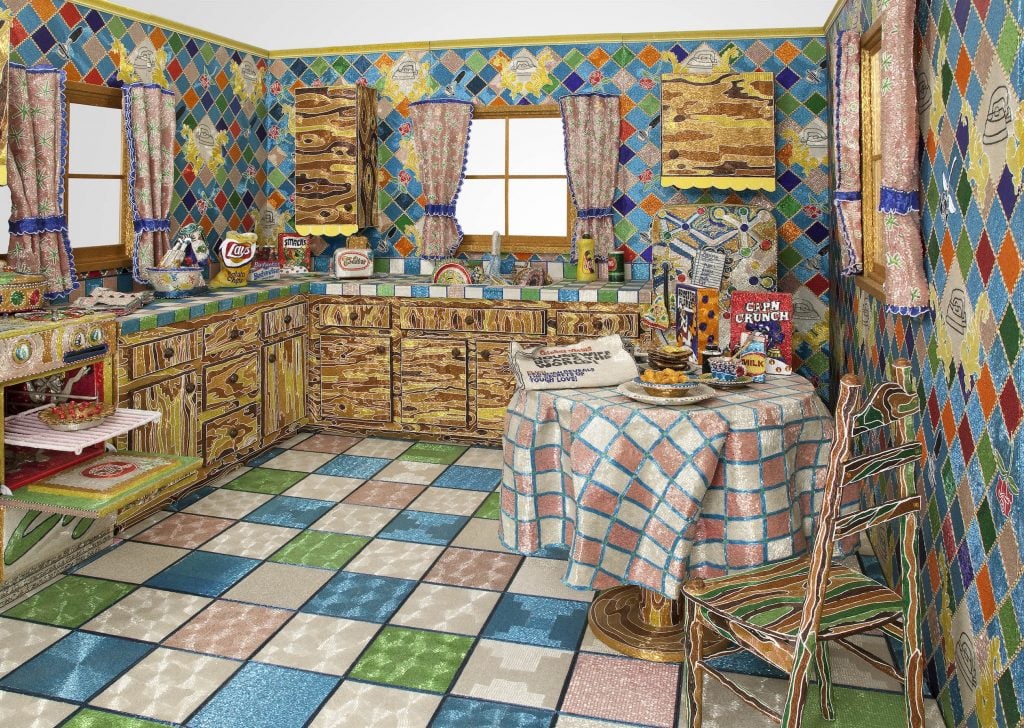 The interior of a kitchen with all the surfaces covered with beads