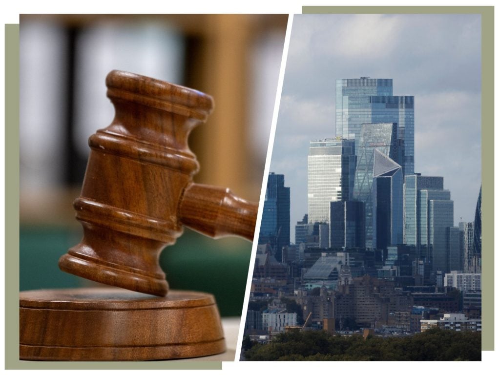 A stock photo of a brown gavel is pictured left with a gloomy photo of the London skyline pictured right in an editorial collage.