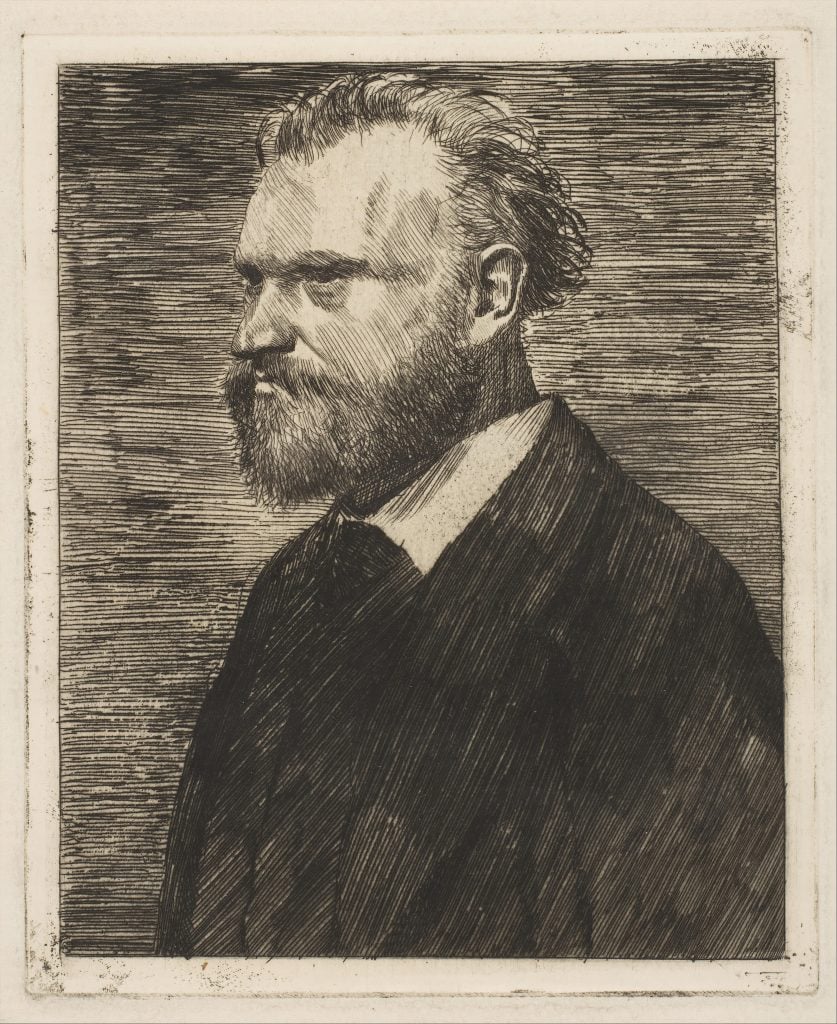 A pencil drawing of Edouard Manet, depicted with a full beard and in a black jacket