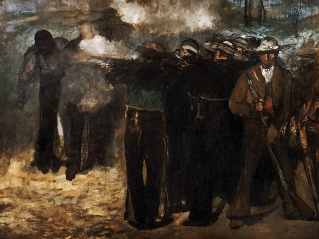 a painting of men firing at figures off to the left