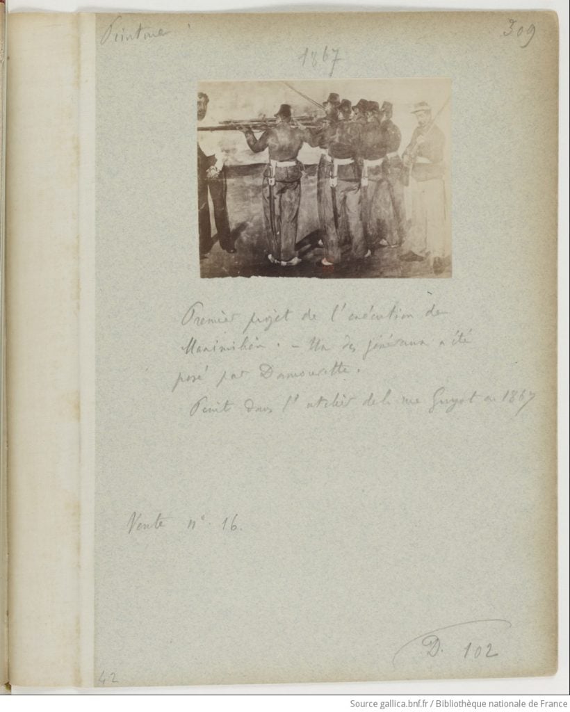 a page of pale paper with pen writing and an image of the firing squad