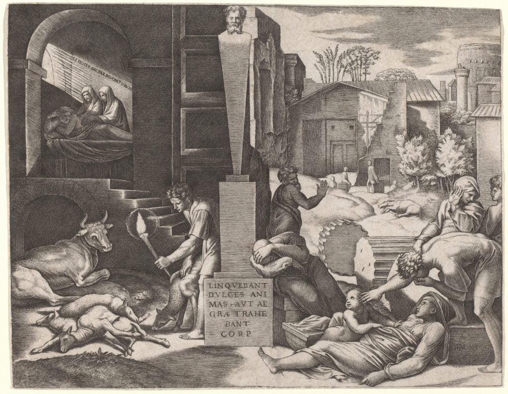 A classical artwork shows a scene with many sick and dying people and animals