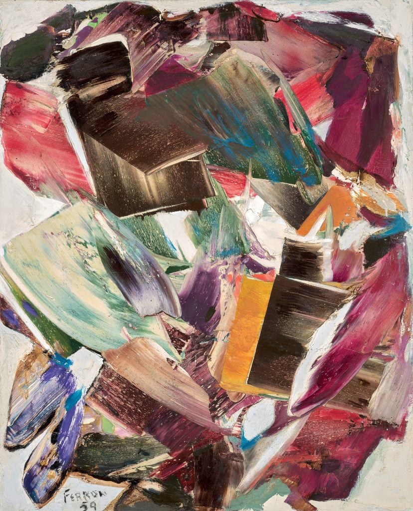 An abstract multicolor painting by Marcelle Ferron presented by Cowley Abbott auction house.