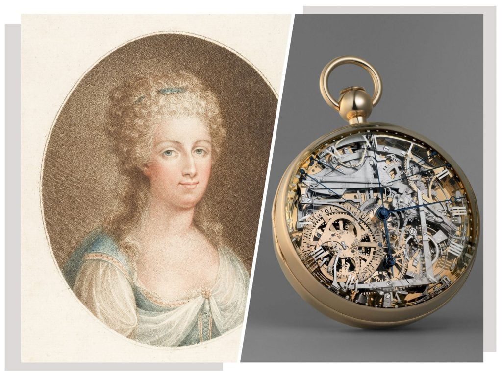 a split image featuring portrait of Marie Antoinette and her watch